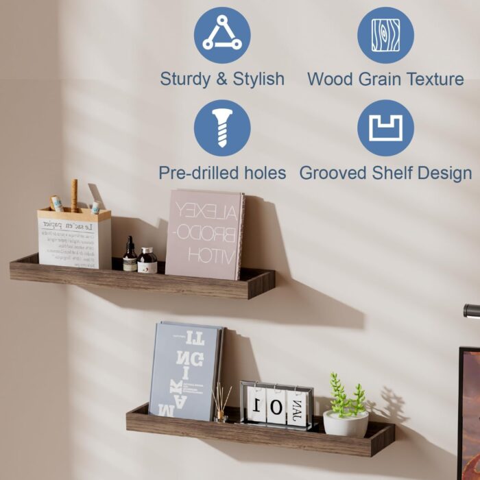 Floating Shelves with Edge for Wall, Wooden Wall Shelves for Bedroom Living Room Kitchen, Modern and Rustic Bathroom Shelves, Decor Floating Shelf for Storage - Image 9