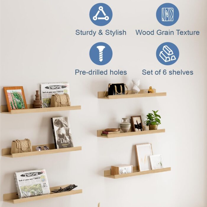 6 Pack Floating Shelves Picture Ledge, Modern Wall Shelves Decor Wood Storage Shelves for Bedroom, Living Room,Bathroom Shelves, Kitchen, Hanging Shelves for Room - Image 6