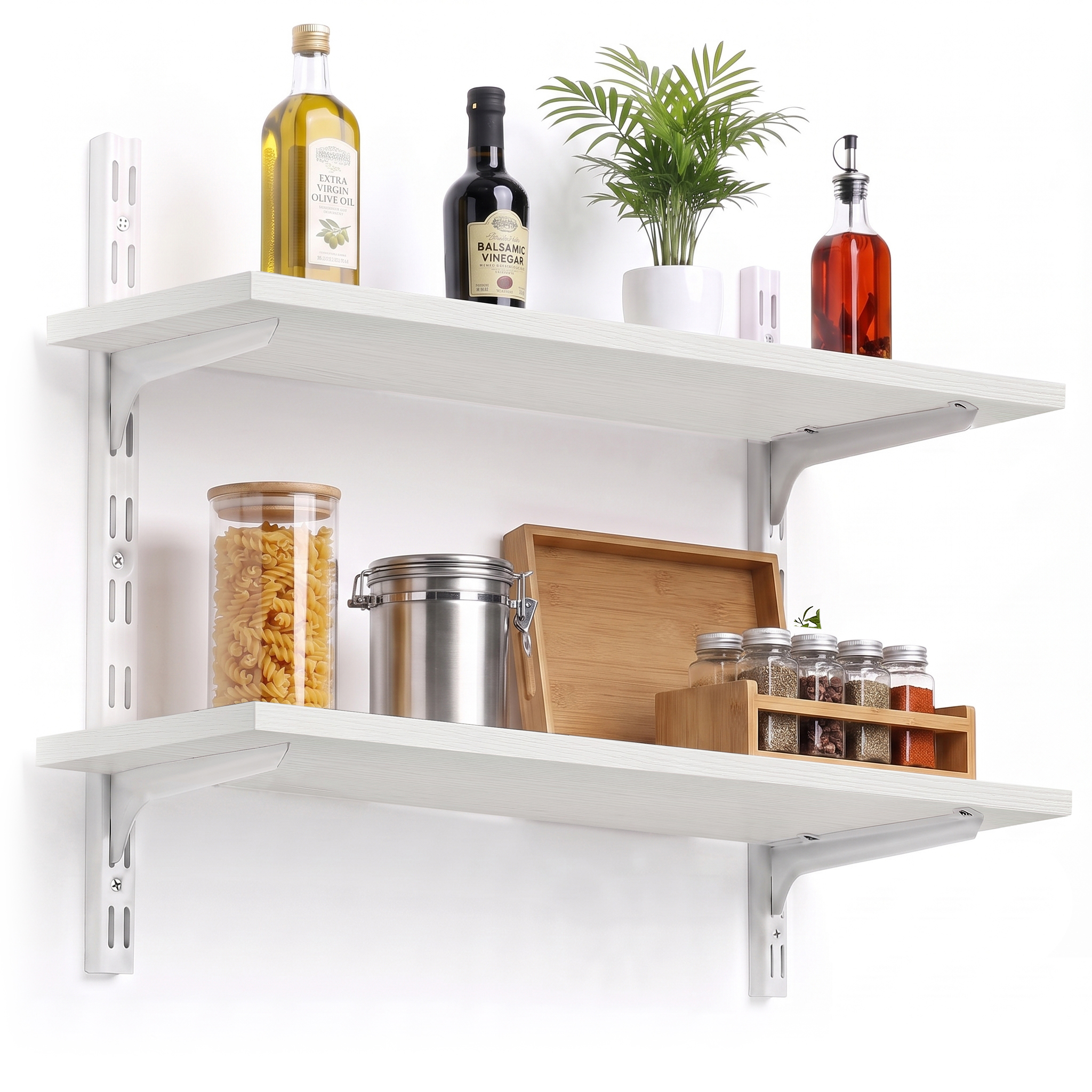 1 Mifurn 2-Tier Floating Shelves for Wall, 23.6" Adjustable Wall Track Wood Shelves, White - Image 1