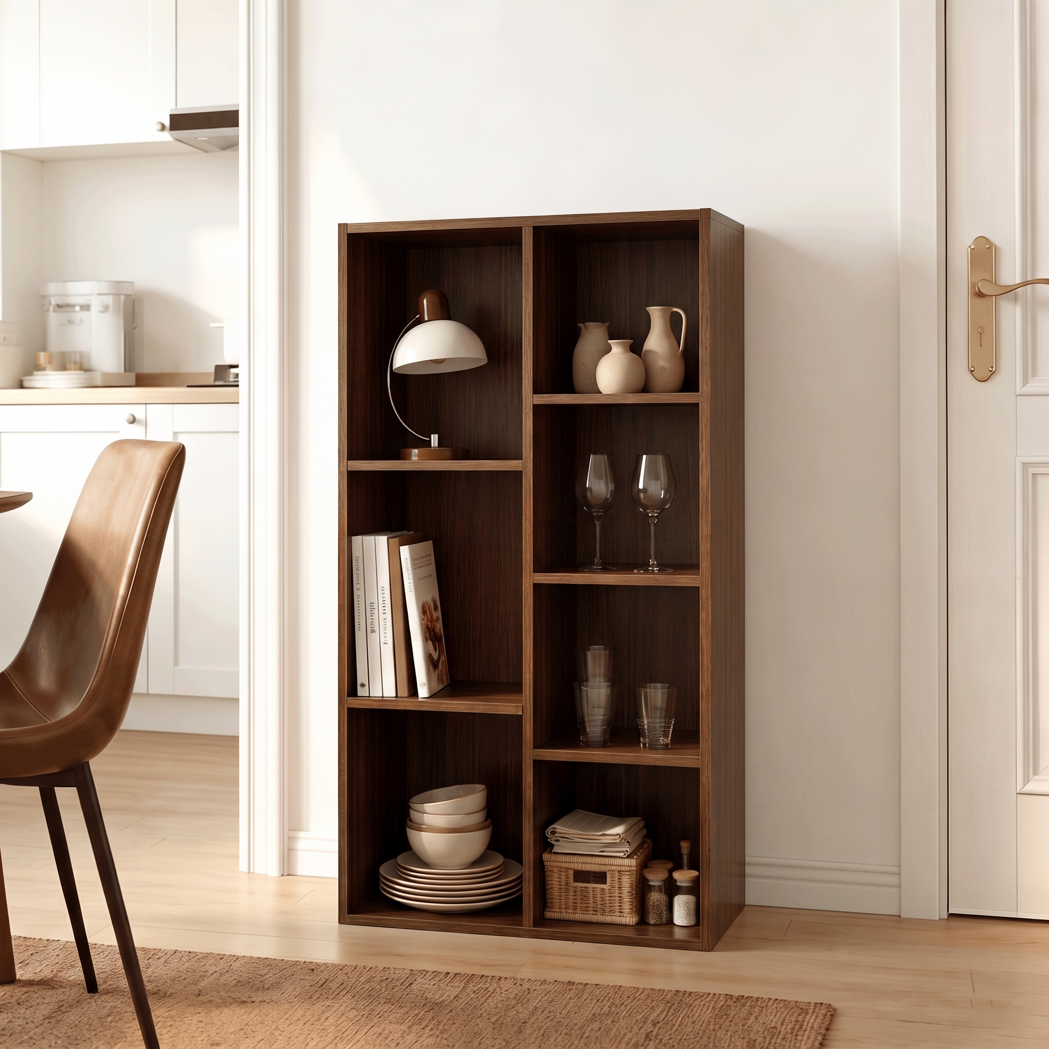 1 Mifurn 7-Cube Storage Organizer, Cube Bookcase with Closed Back Panel, Open Shelf Bookshelf for Bedroom Living Room Office, Walnut - Image 1
